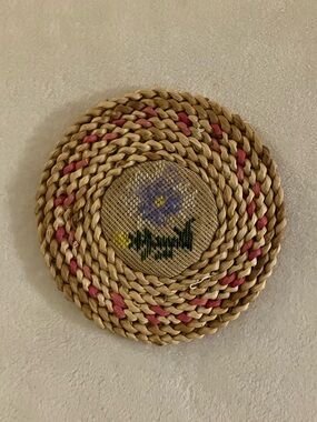 Vintage Cottagecore Woven Trivet with Floral Cross-Stitch